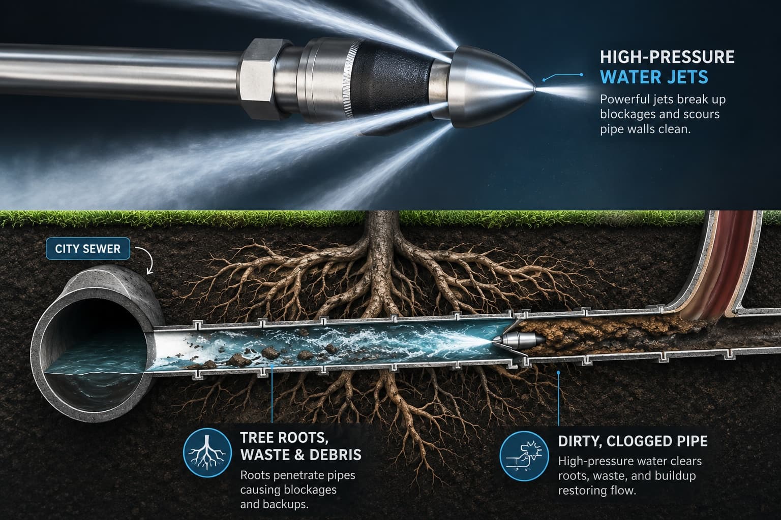 Drain cleaning and hydro jetting process diagram. Torque Plumbing and Septic.