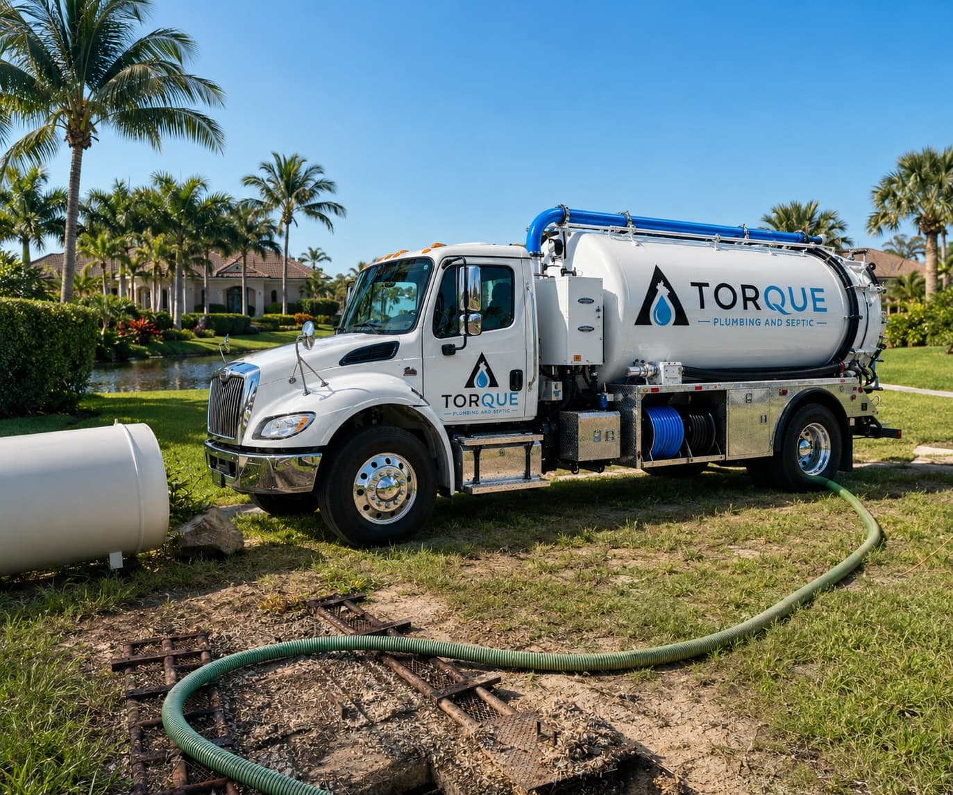 Torque technician performing a septic tank pump-out in Southwest Florida.