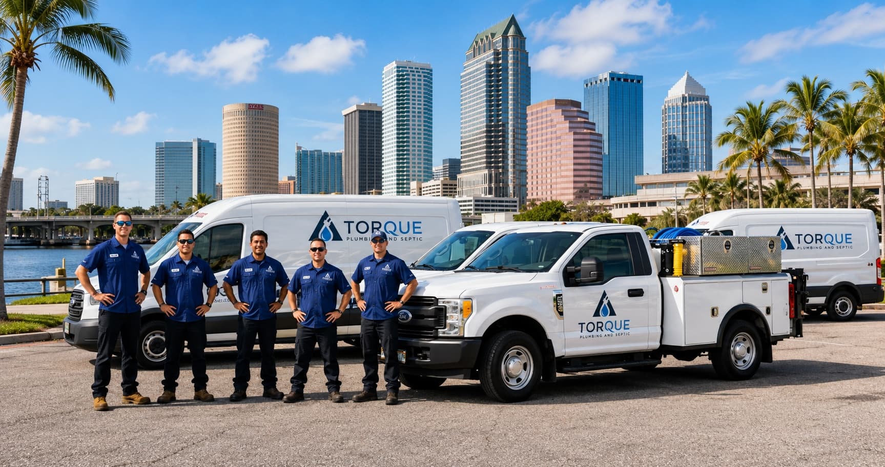 Torque Plumbing and Septic team with company trucks in Southwest Florida.